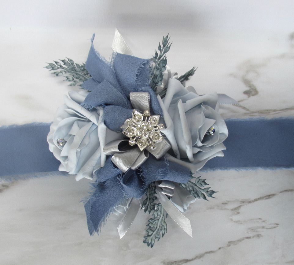 Dusty Blue Boho Inspired wrist corsage, dusty blue prom corsage